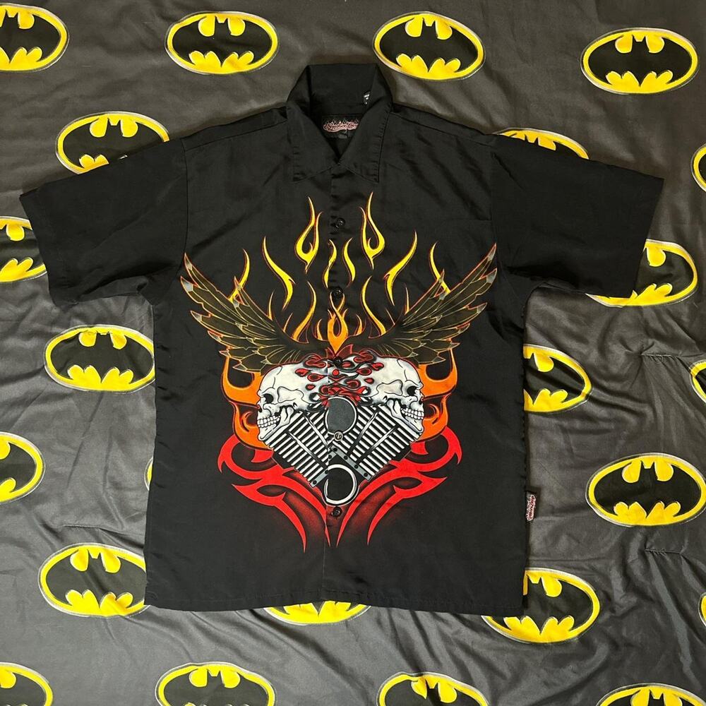 Vintage Y2K Sapphire Lounge Button Shirt Flaming Skull Motorcycle Collar Shirt